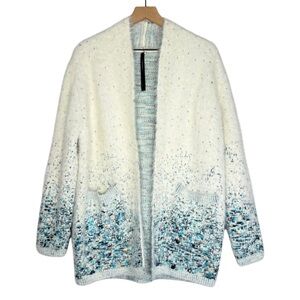 Renee C. Fuzzy Knit Cardigan Sweater L White Ombre Speckled Soft Warm Luxury